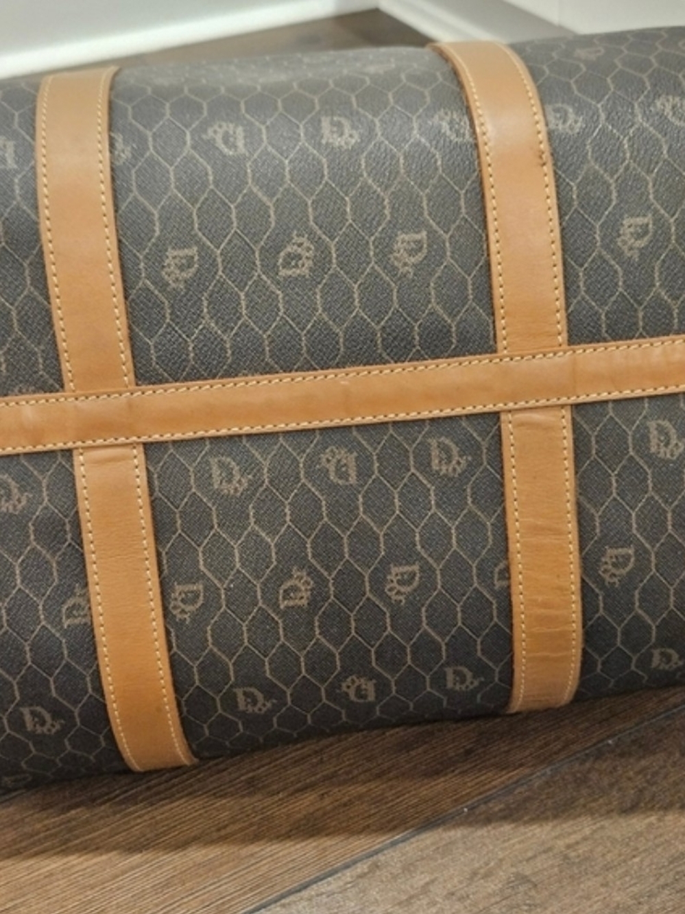 CHRISTIAN DIOR Vintage Honeycomb Boston Duffel Bag Navy Tan Leather Italy - Picture 8 of 14
